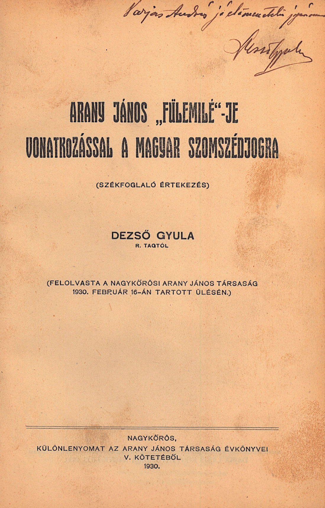 176.	Dezső Gyula:  Arany János "Filemilé"-je...