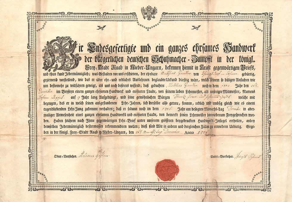 56. A győri cipész céh német nyelvű oklevele.