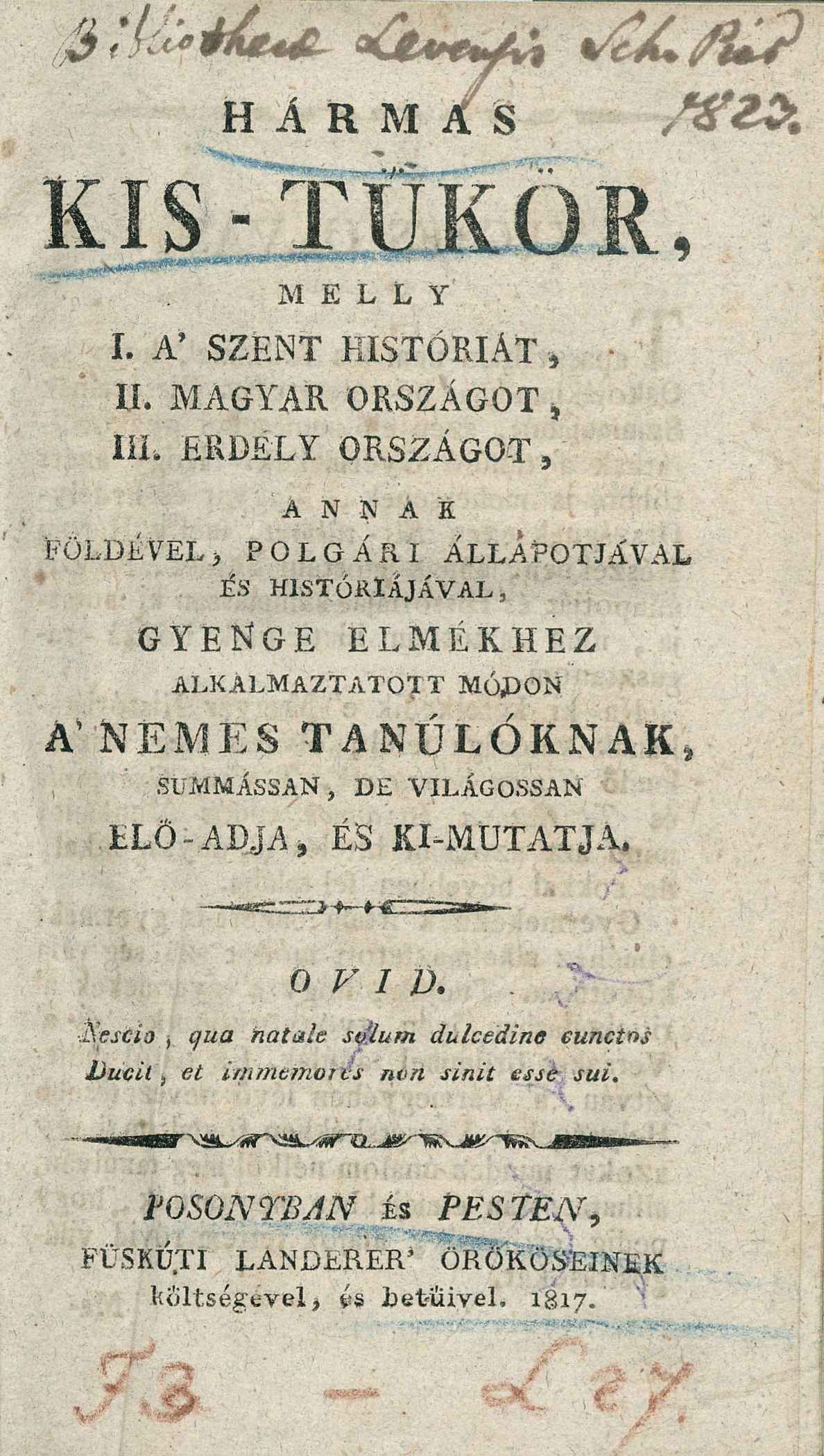 391.  (Losontzi István):  Hármas Kis-Tűkör...