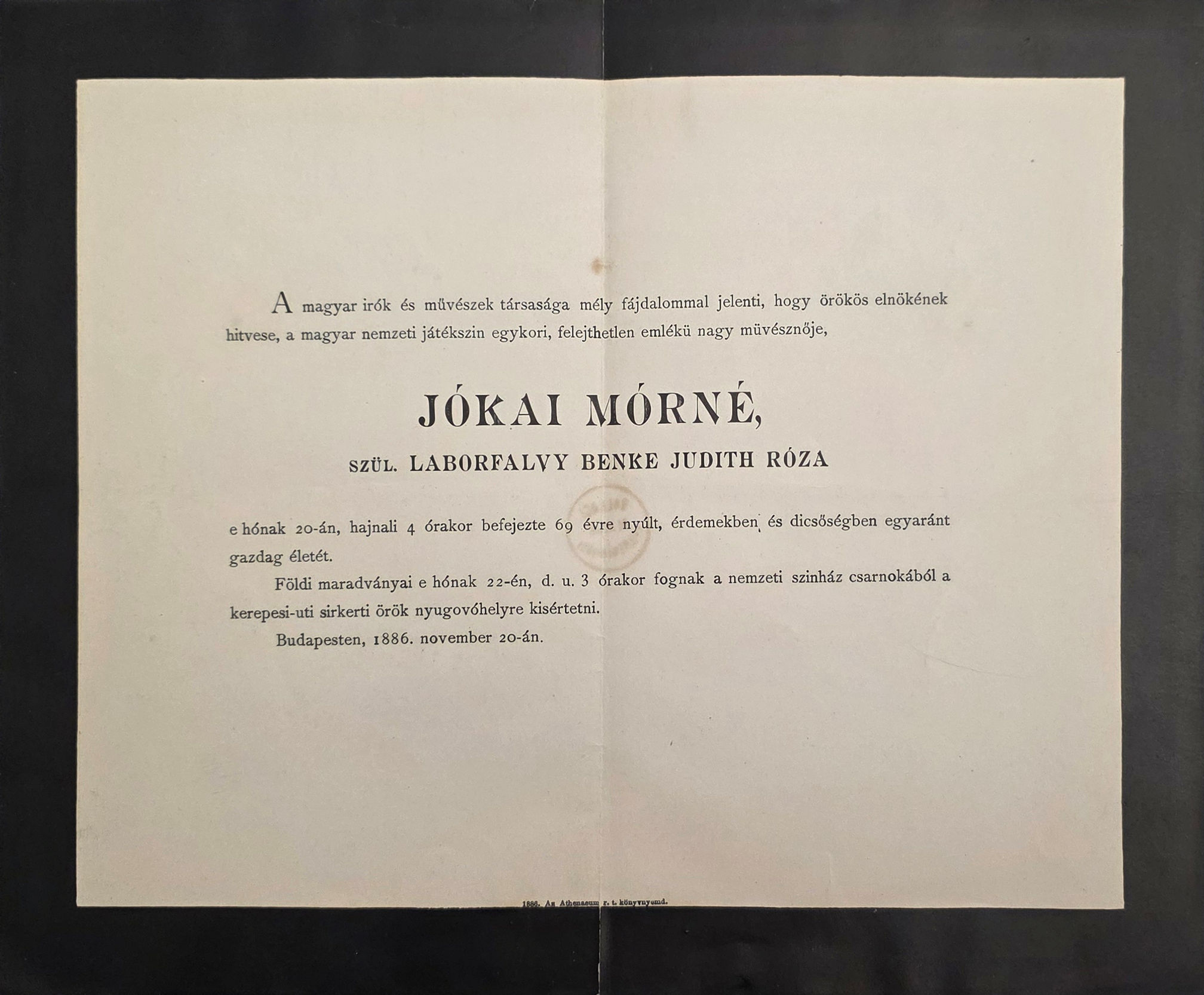 205. Jókai Mórné Laborfalvy Róza gyászjelentése. A Magyar Művészek...