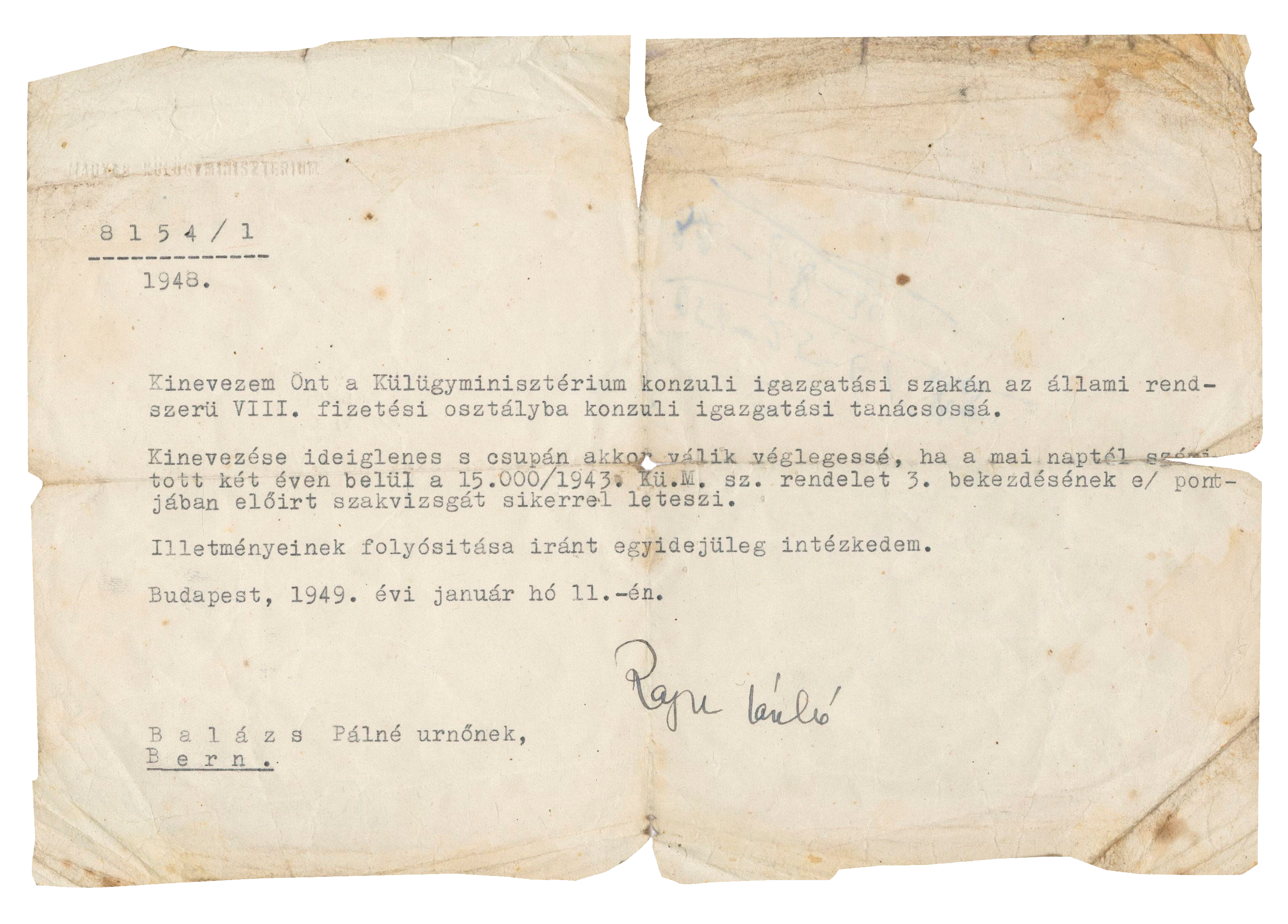 206. Rajk László (1909-1949) külügyminiszter által aláírt, gépelt okirat.