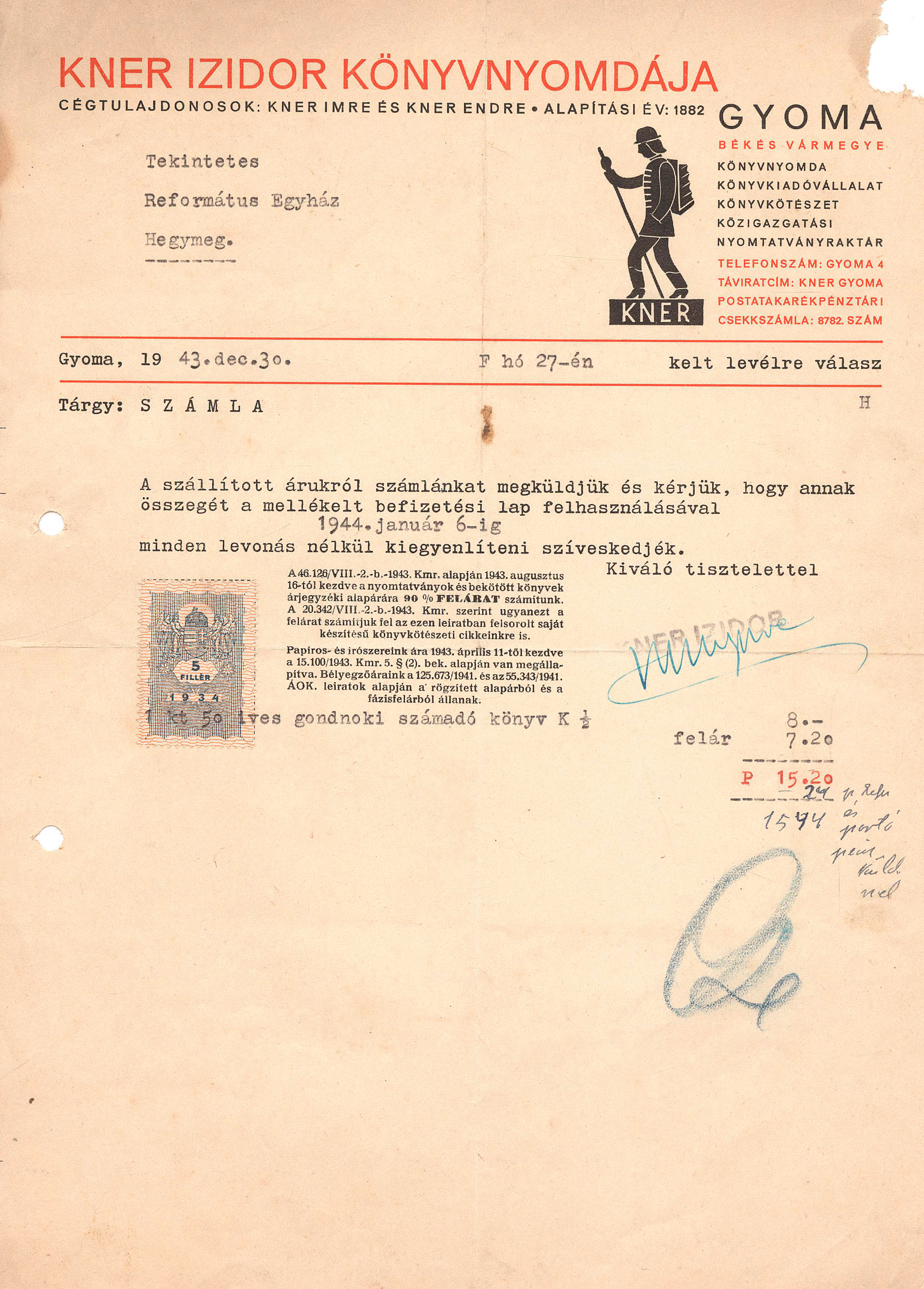 288.	Kner Imre (1890-1944) tipográfus által saját kezűleg aláírt, gépelt számla.
