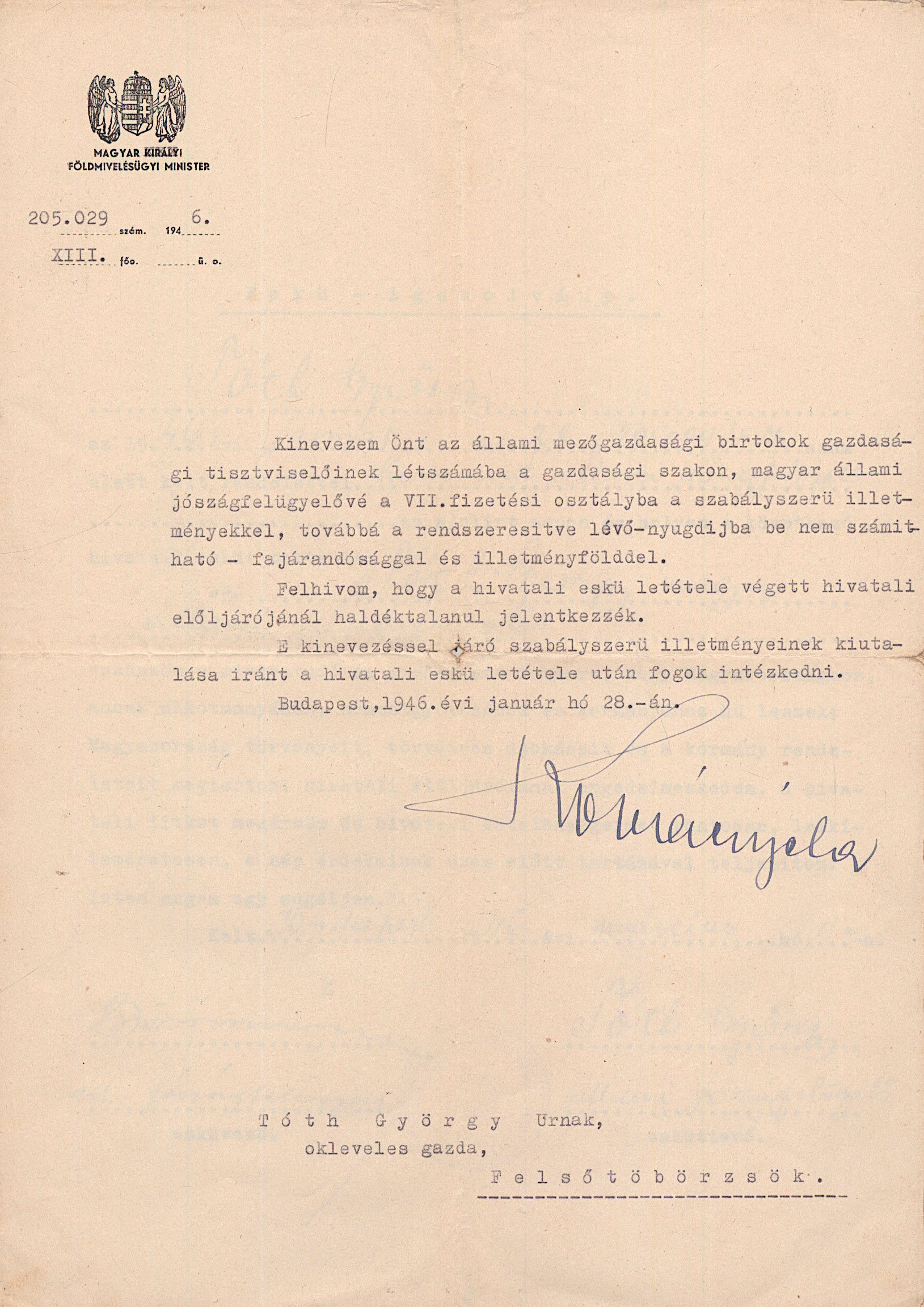 205.	Kovács Béla (1908-1959) földművelésügyi miniszter által aláírt...