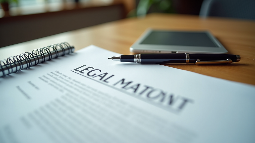 Close-up view of legal documents and a pen on a wooden desk