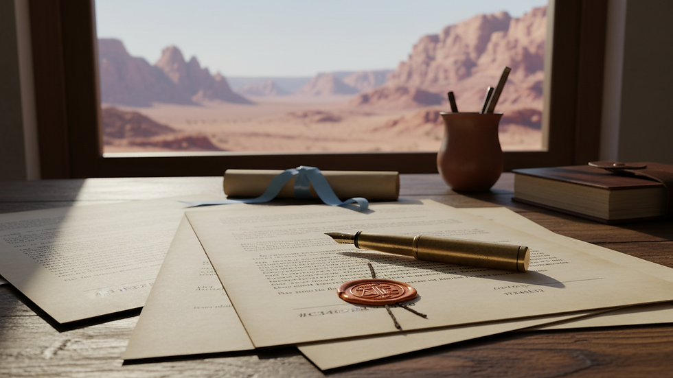 Close-up view of legal documents and pen on a wooden desk