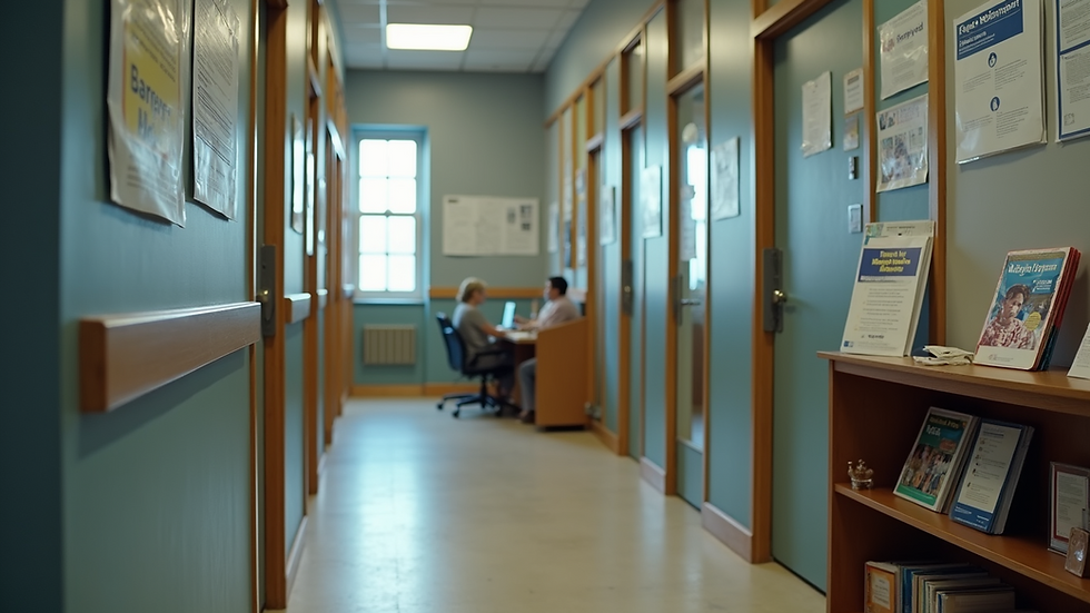 High angle view of a legal aid office with brochures and informational posters