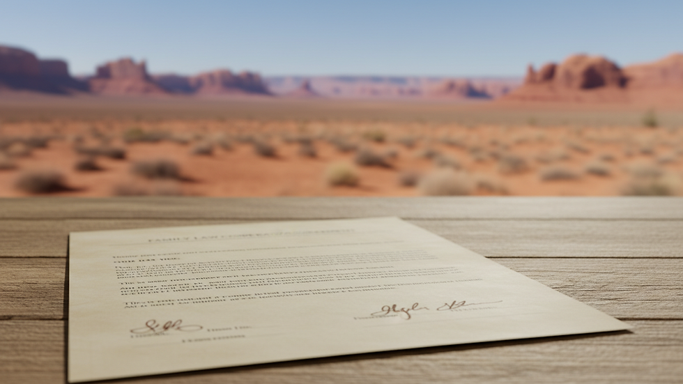 Close-up view of a family law agreement document on a wooden desk