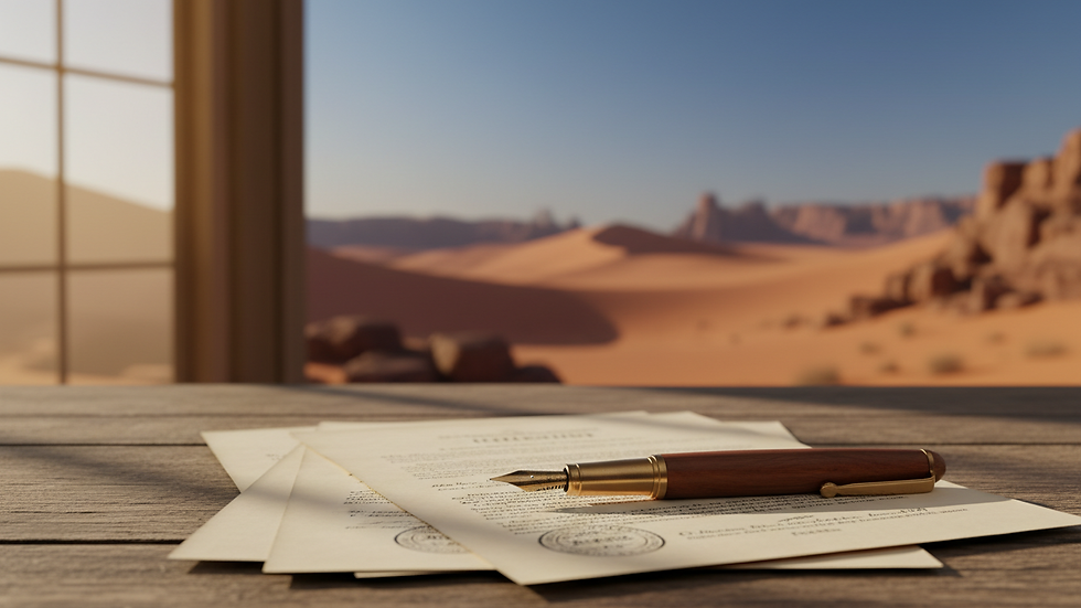 Close-up view of legal documents and pen on a wooden table