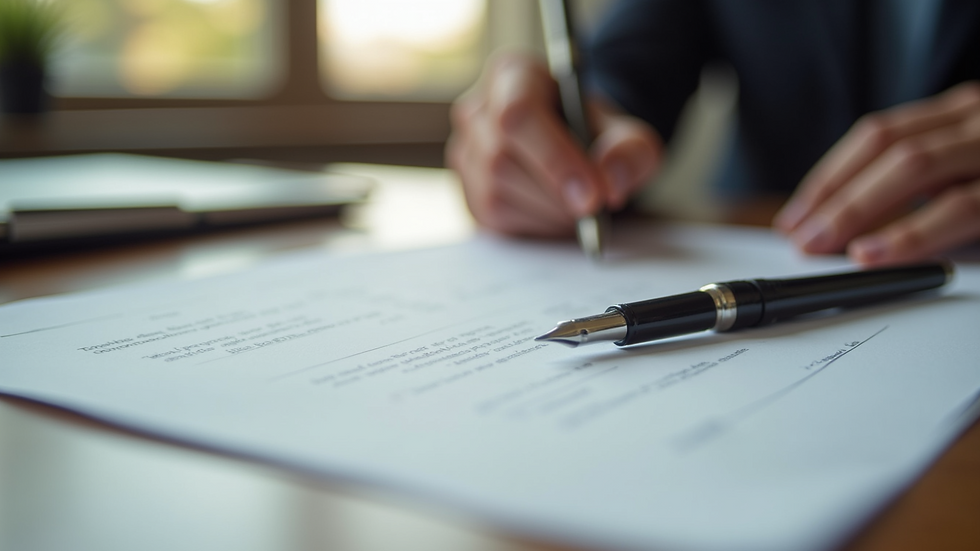 Close-up view of legal documents and a pen on a wooden desk