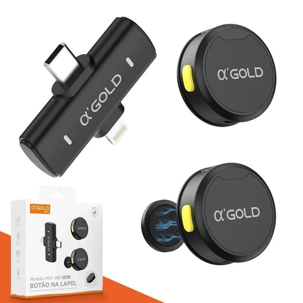 Microfone de Lapela Sem Fio A'Gold Pro MCF-38D 2 em 1