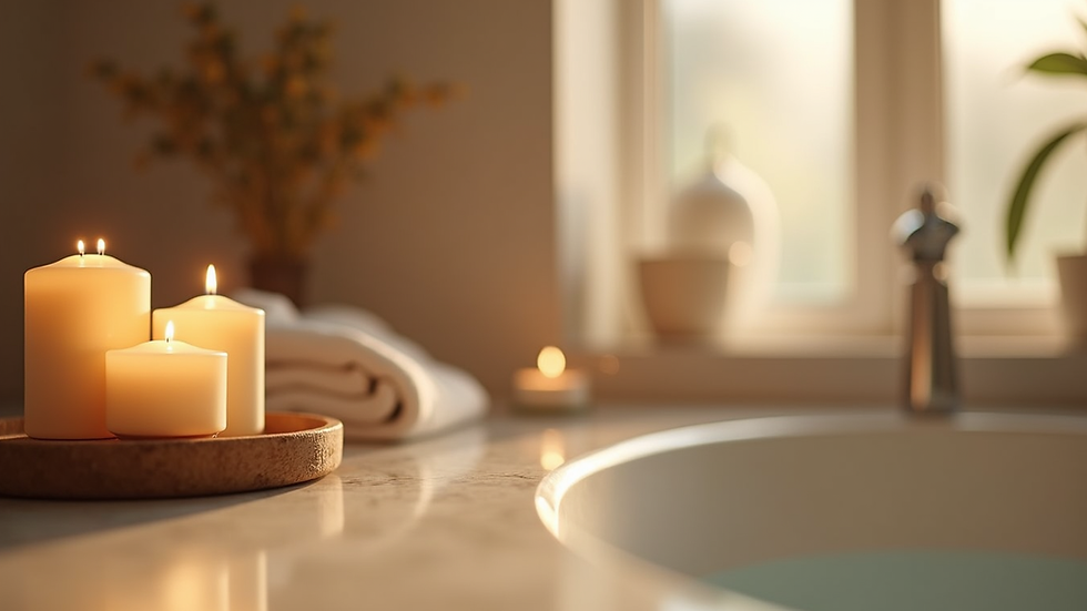 Eye-level view of a tranquil bathroom with candles and essential oils