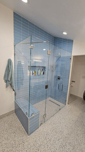 tile install, custom bathroom remodel, glass subway tile, terrazzo tile install, euro glass