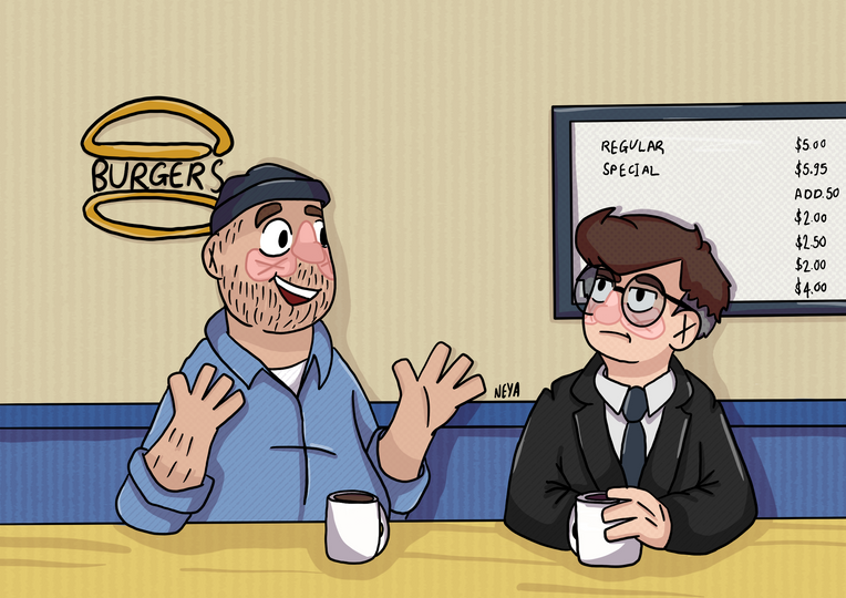 Teddy and Mort sat at the counter in my new art style.