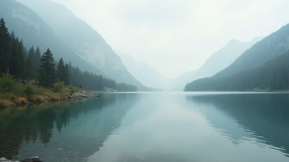 Eye-level view of a serene landscape with a calm lake