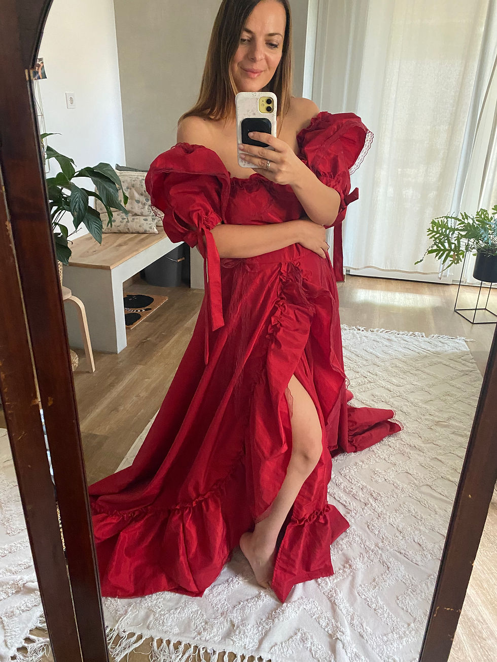Thumbnail: Holly Berry Chiffon red gown with lace details, Puff sleeved cottagecore dress