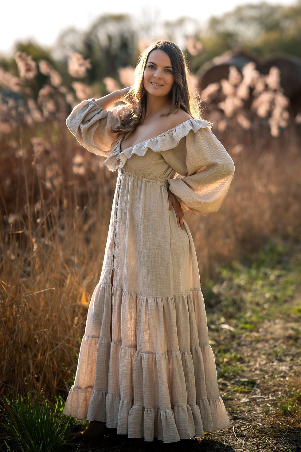 Thumbnail: Cotton gauze gown for photoshoot, Maternity 2 piece set dress for photoshoot