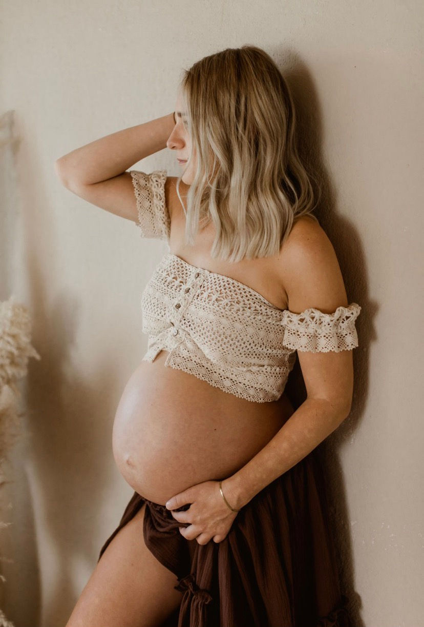 Thumbnail: Boho Babe unique lace top& brown cotton skirt set for photoshoot