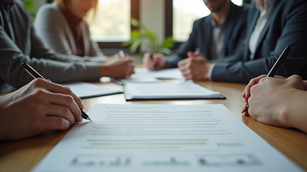 Eye-level view of a family business meeting around a table with documents