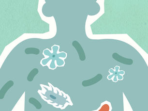 Silhouette of a human figure with various colorful microbes on a teal background, symbolising microbiome diversity.