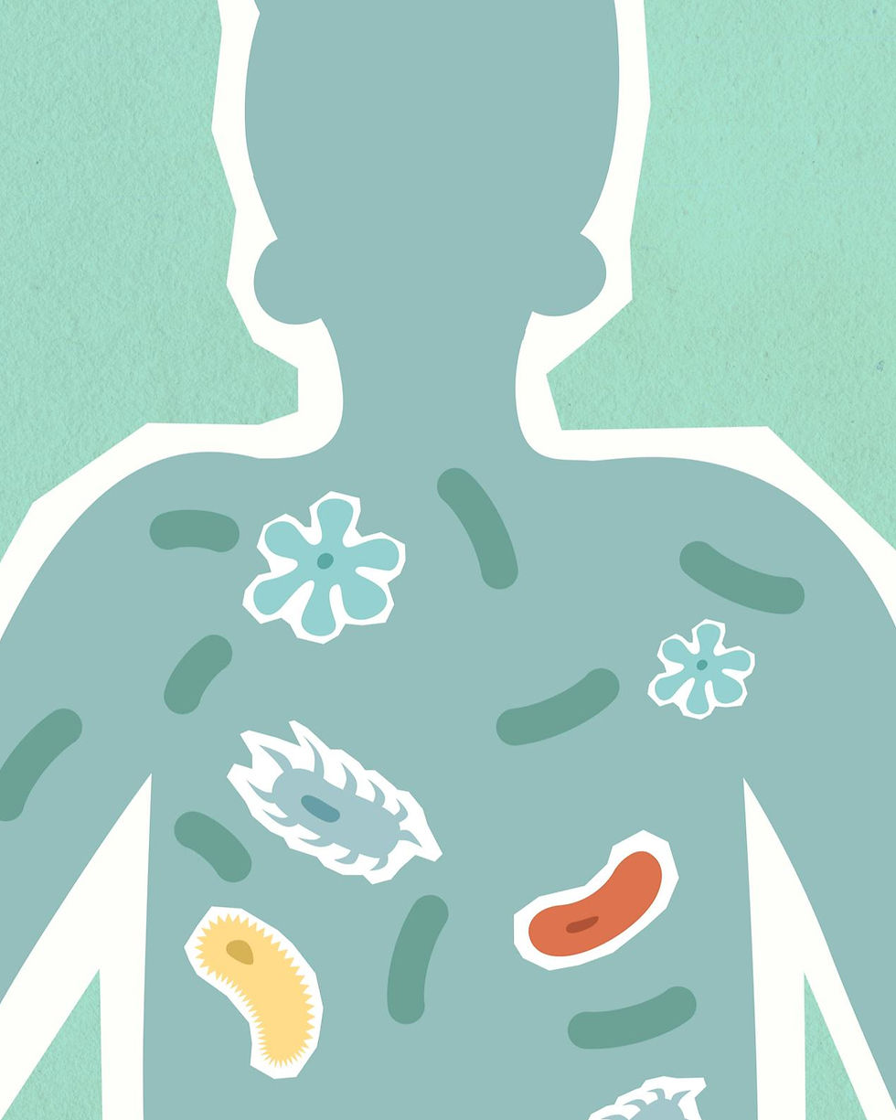 Silhouette of a human figure with various colorful microbes on a teal background, symbolizing microbiome diversity.