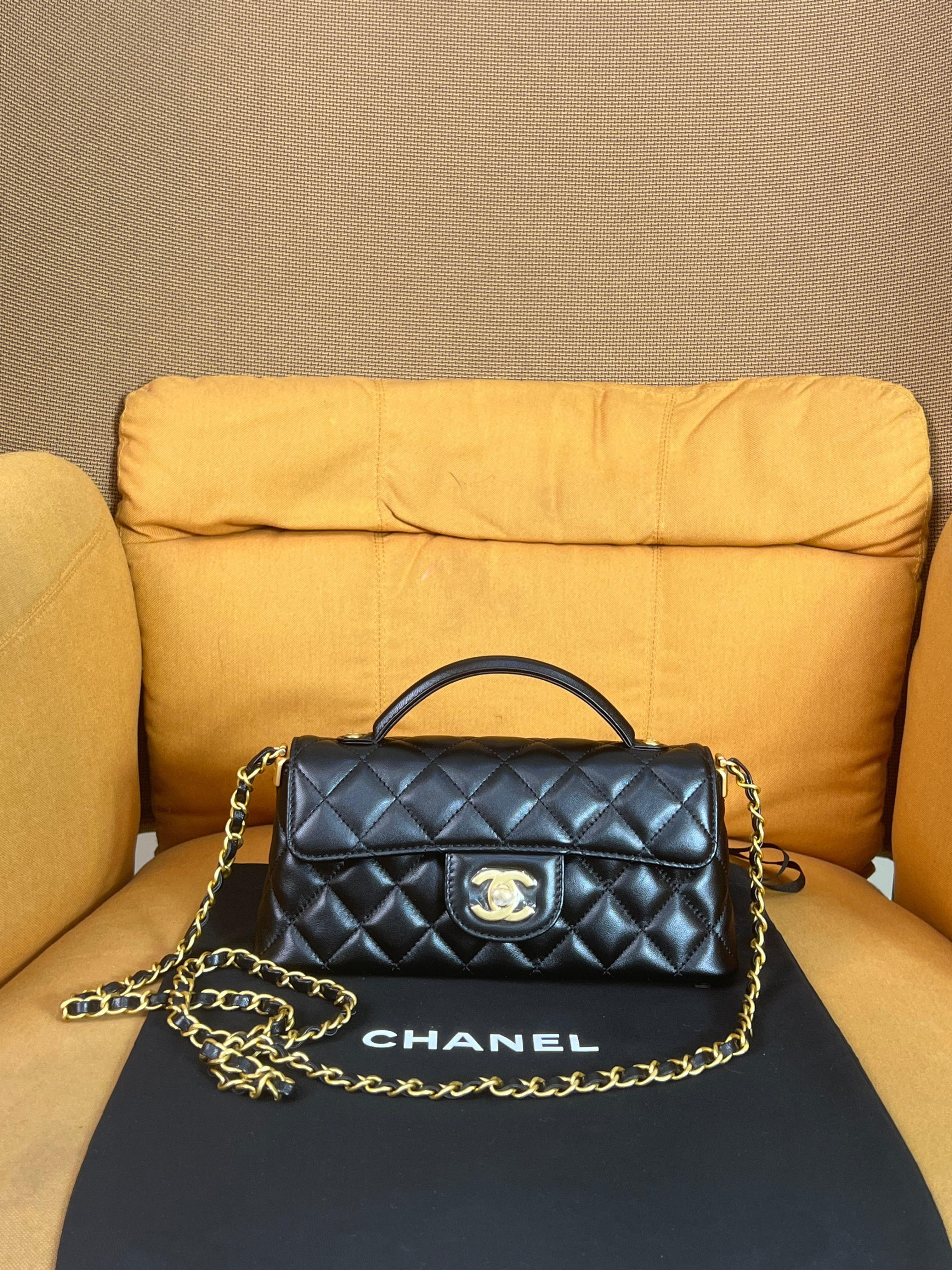 Chanel East West Single Top Handle Lambskin Leather