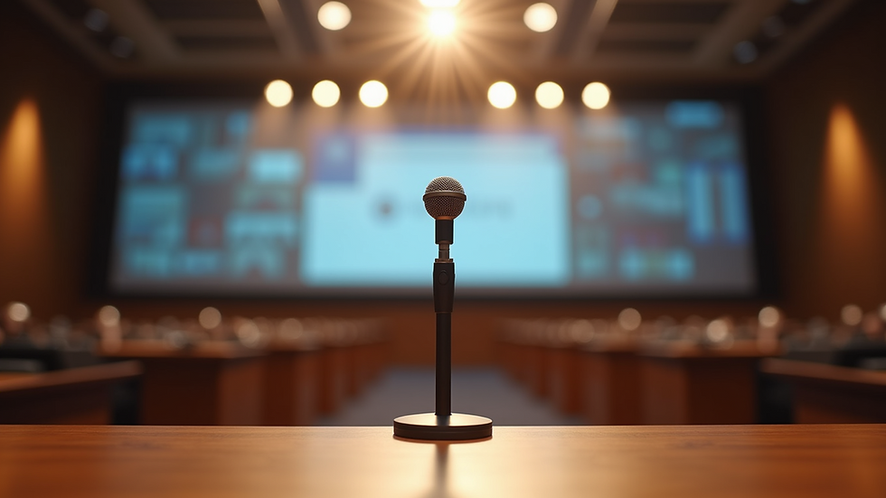 Eye-level view of a modern conference room with a single microphone on stage
