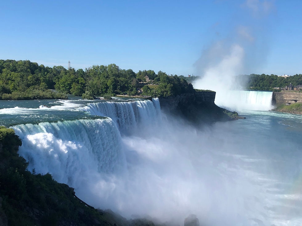 Closest on the left is American Falls, followed by the smaller Bridal Veil Falls, and at the far back is the Horseshoe Falls.