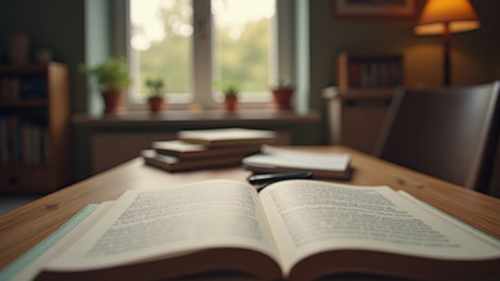 eye-level view of a cozy study desk with books and a notebook
