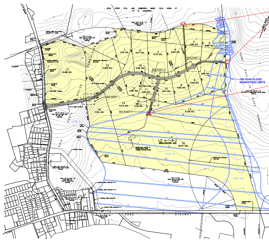 Map of the 245 acre Pāʻia Farms Subdivision that has received preliminary approvals. A total of 18 lots stretching from Hāna Highway up to the Pāʻia Mill. The additional 40 acres planned for the lower Pāʻia expansion are not shaded.