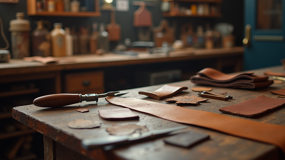 Eye-level view of a leather workshop with tools and leather pieces