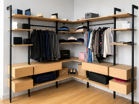 Dressing ouvert sur mesure avec structure noire, étagères bois (chêne), tiroirs et penderies