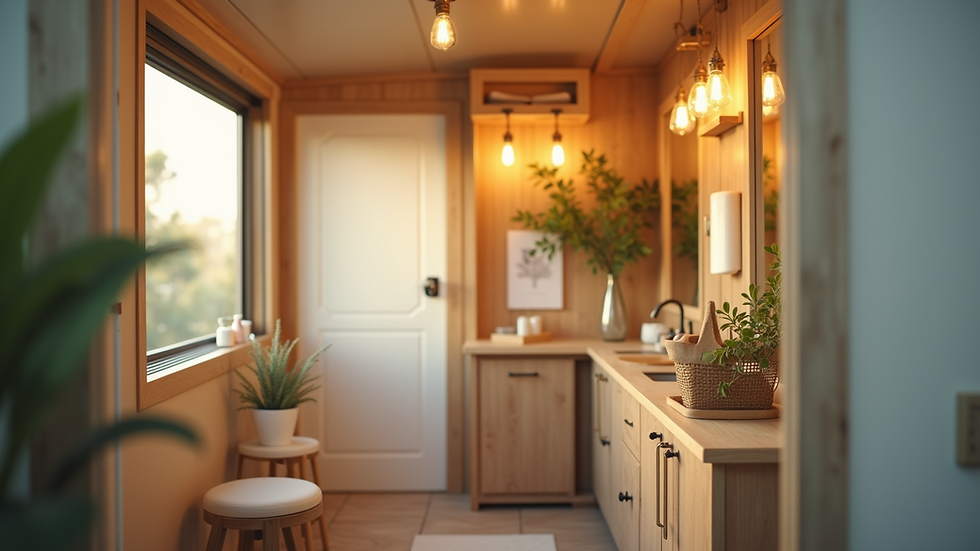 Close-up view of eco-friendly materials and lighting fixtures inside a mobile salon trailer