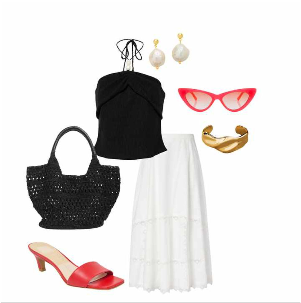 The classic black and white colour pairing strikes again, but this time with a pop of colour! Adding a splash of colour maintains the look’s polish while introducing a playful touch. The eyelet skirt keeps things light and feminine, while the black strapless top adds just the right amount of edge.