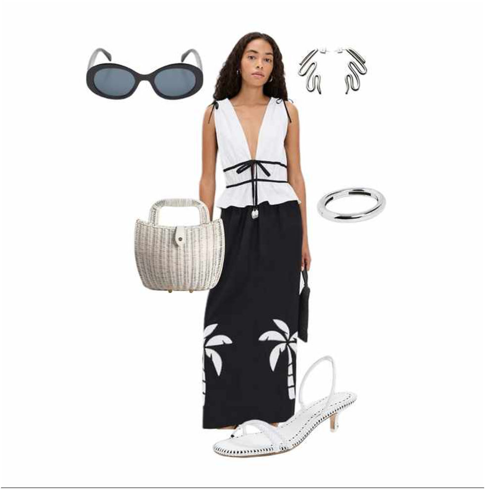 Black and white is a classic colour pairing, and in this look, crisp white accessories provide a striking counterpoint to the black, creating a dynamic and balanced outfit. The smooth textures of the jewellery contrast with the details of the bag and shoes, adding dimension to the look. For those cool summer evenings, drape a black jumper over your shoulders.