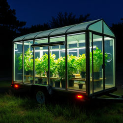 Plexiglass Semi style Tiny home trailer Mobil greenhouse at night showing all the LED ligh