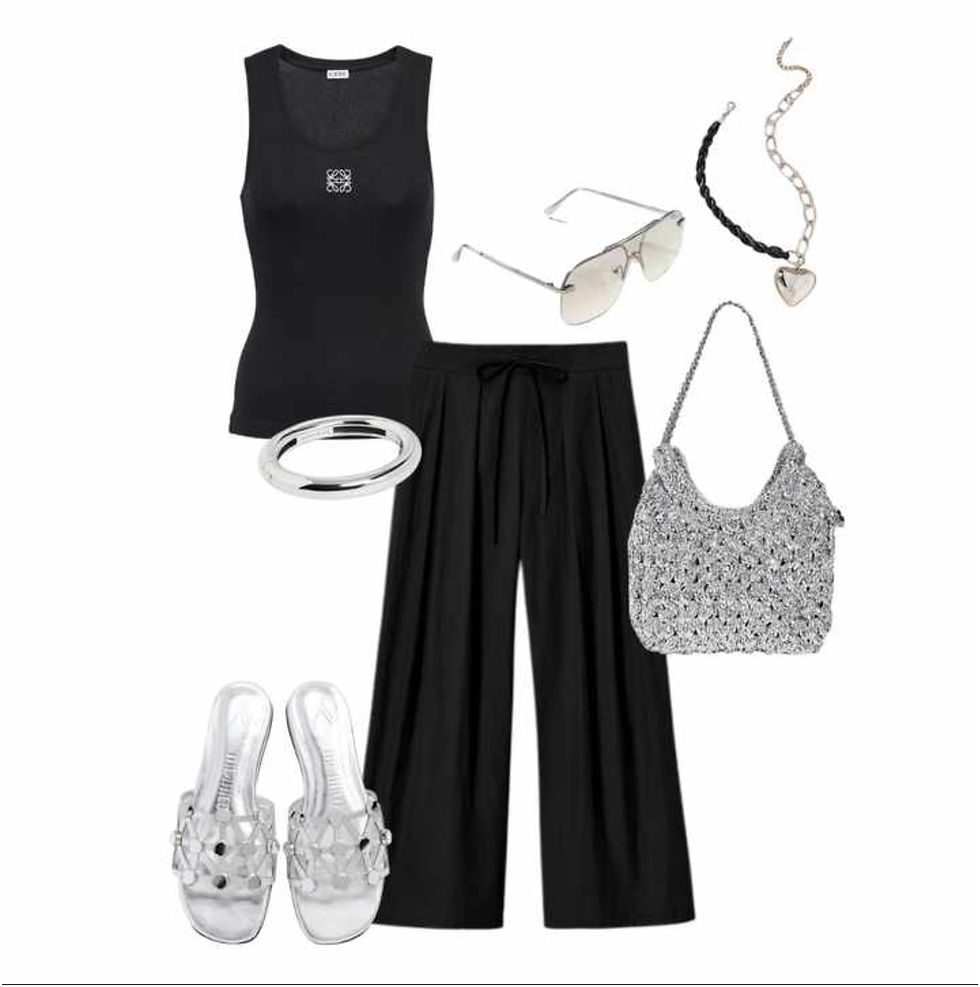 Styling a black vest in summer doesn’t have to be boring. Pair it with comfortable black trousers and add metallic accessories and shoes to elevate the look and make it fun. Switch out the black trousers for white linen ones with black accessories for a fresh take on this classic look.