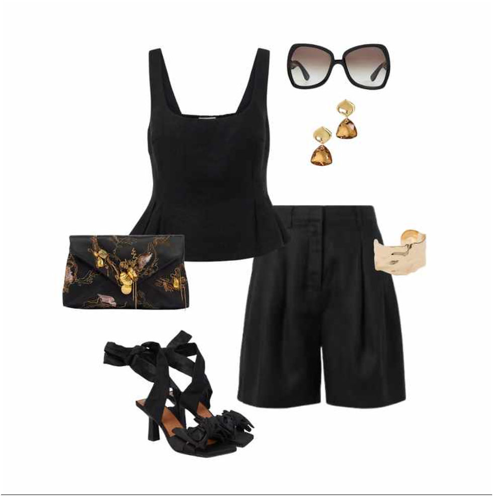 This monochromatic look, composed of a modern peplum top and tailored shorts, creates a polished silhouette that serves as the perfect foundation for sophisticated accessorising. Gold-toned accents from geometric earrings and a bold cuff to a delicately patterned clutch—add visual interest to the outfit.