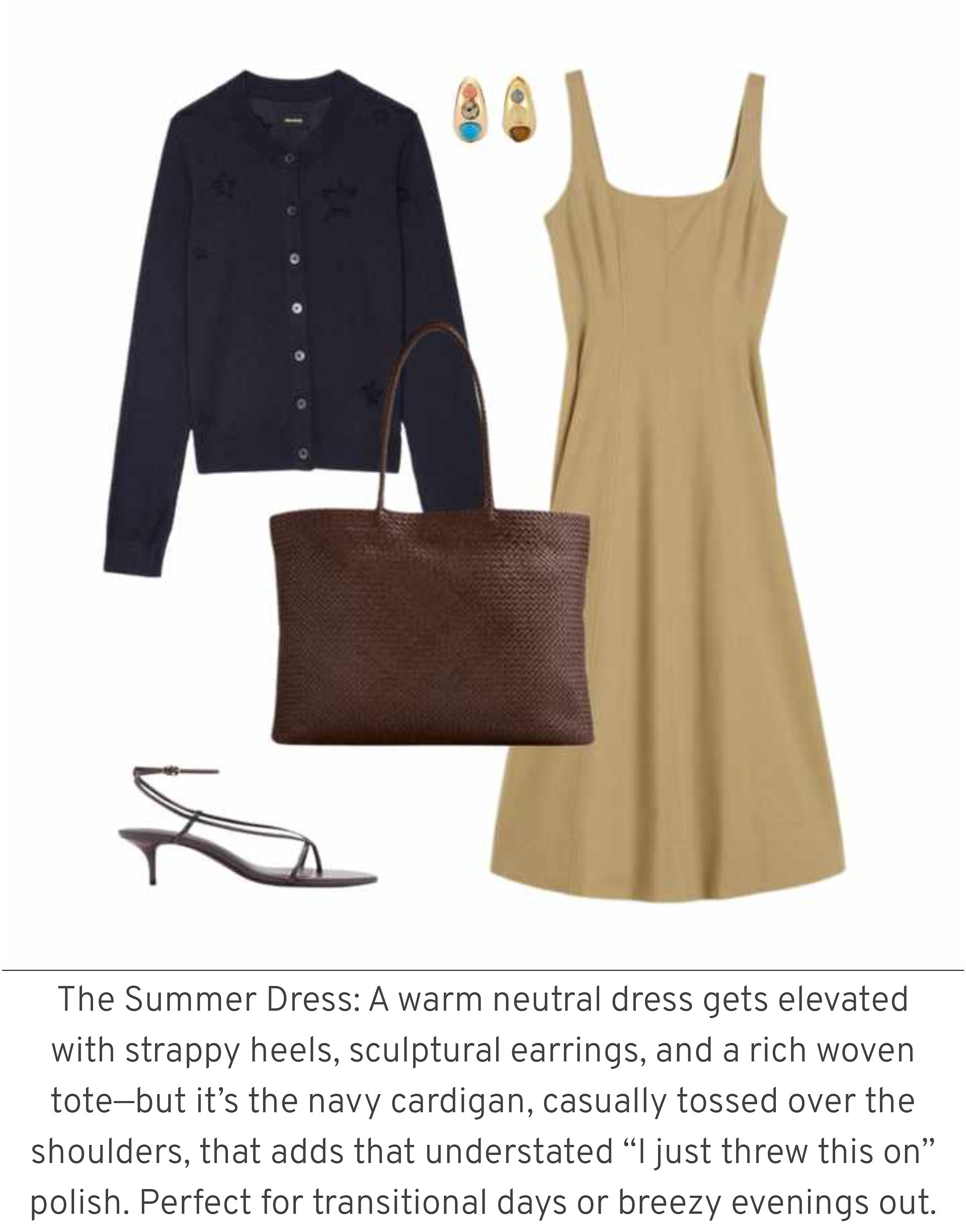 Summer Dress outfit: neutral dress, heels, earrings, woven tote