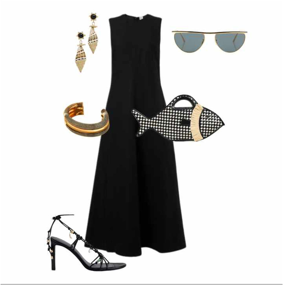 Bring black into your casual wardrobe by pairing it with your favourite denim shorts. This relaxed look features a breathable cotton top and black accessories to give it balance and polish. The raffia tote complements the colour scheme of the top, adding both dimension and practicality. Take this look straight into autumn by swapping the shorts for long denim, sandals for flats, and the raffia tote for a leather one.