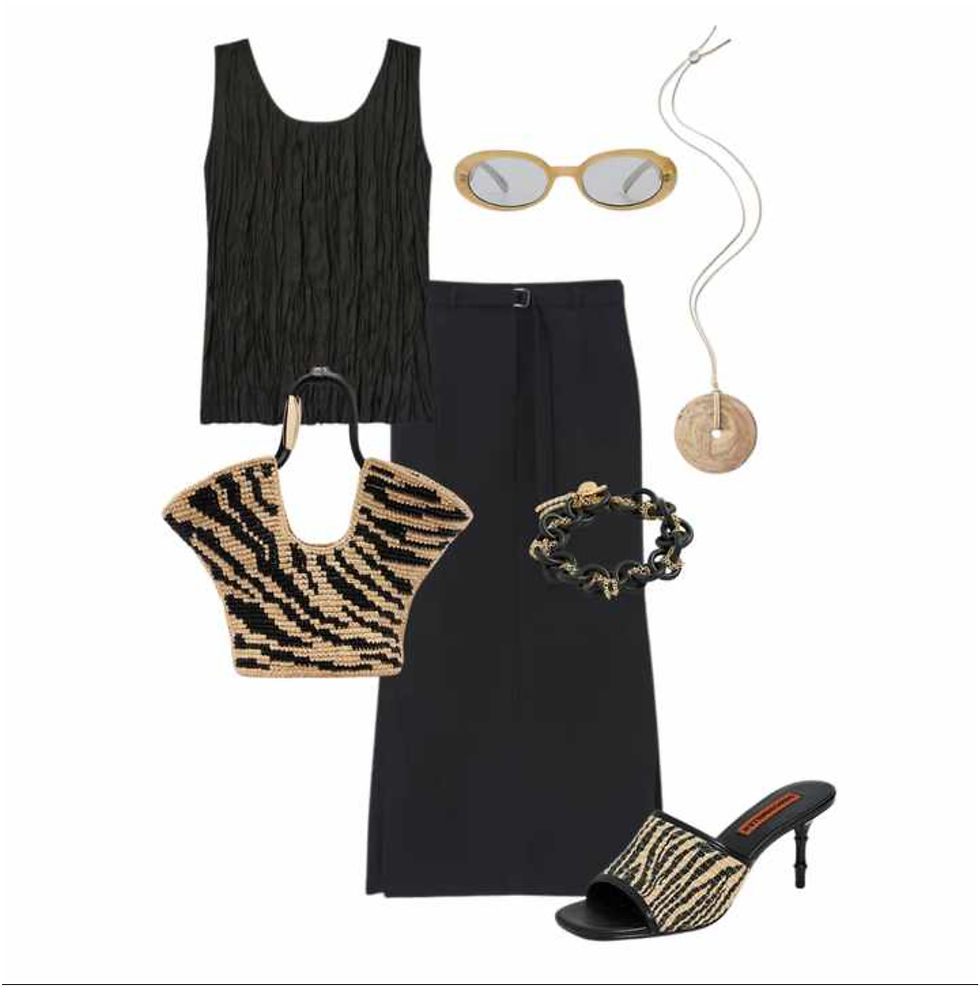 This refined crinkled vest, paired with a classic maxi skirt, provides a rich textural canvas, perfectly setting the stage for captivating zebra-print accessories. Its inherent versatility allows the ensemble to transition effortlessly from an elegant evening look to a chic daytime option, simply by swapping heels for flat sandals.