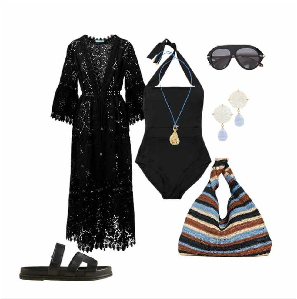 A classic black halter swimsuit is chic enough to wear straight from the water to an afternoon boat ride — just toss on the open-knit cover-up for a breezy, effortless layer. The striped bag adds personality and a pop of colour, while the minimal black slides keep the look grounded. Finish it off with a pendant necklace and earrings. Come evening, layer with linen trousers or wide-leg pants, and the swimsuit doubles as a bodysuit for dinner and drinks.