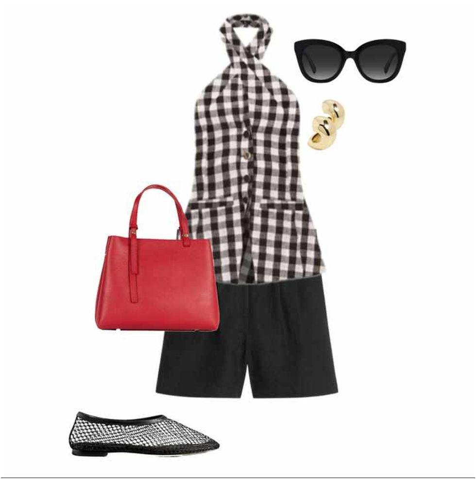Bring black into your casual wardrobe by pairing it with your favourite denim shorts. This relaxed look features a breathable cotton top and black accessories to give it balance and polish. The raffia tote complements the colour scheme of the top, adding both dimension and practicality. Take this look straight into autumn by swapping the shorts for long denim, sandals for flats, and the raffia tote for a leather one.