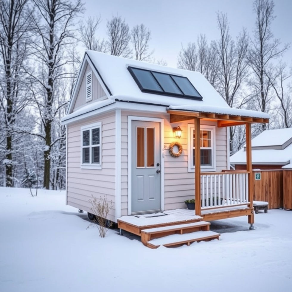 tiny home 24 ft with small loft in the winter full of snow with a solar awing and porch si