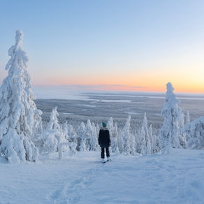 person standing in the distance between snow covered trees with a sunset and lake snowy landscape in the distance
