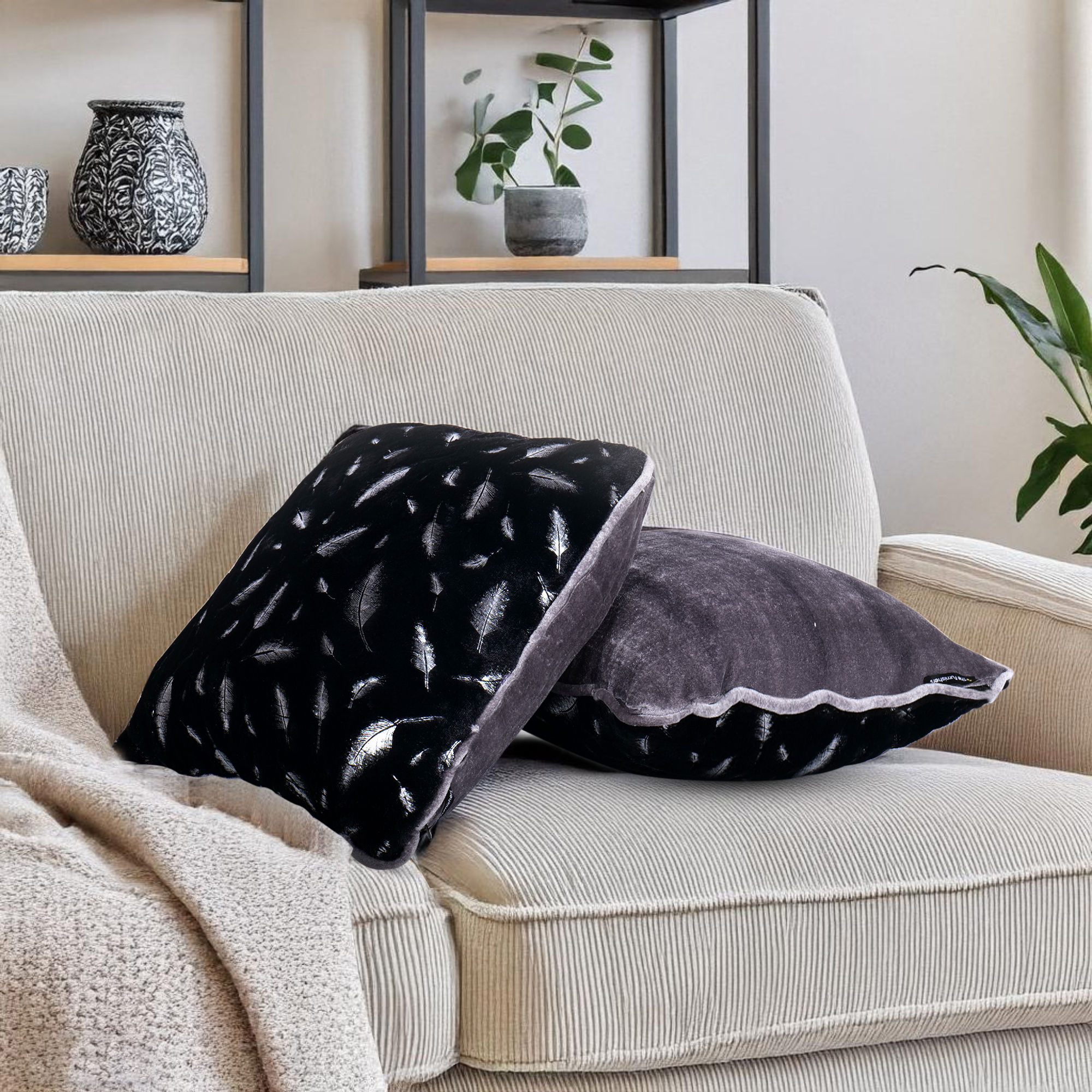 The Furnishers Pack of 2 Black-Silver Feathers Reversible Faux Fur Cushion Cover