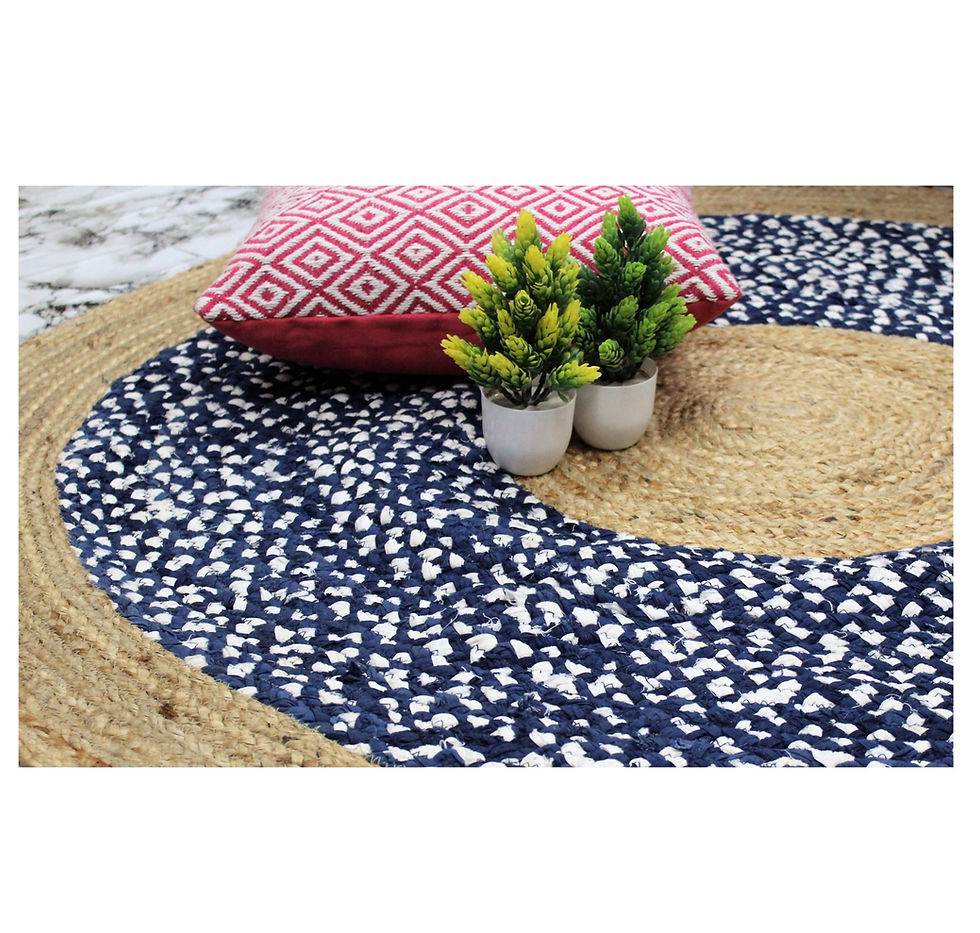 Thumbnail: The Furnishers Handwoven Natural Jute & Blue Cotton Braided Fashion Floor Carpet