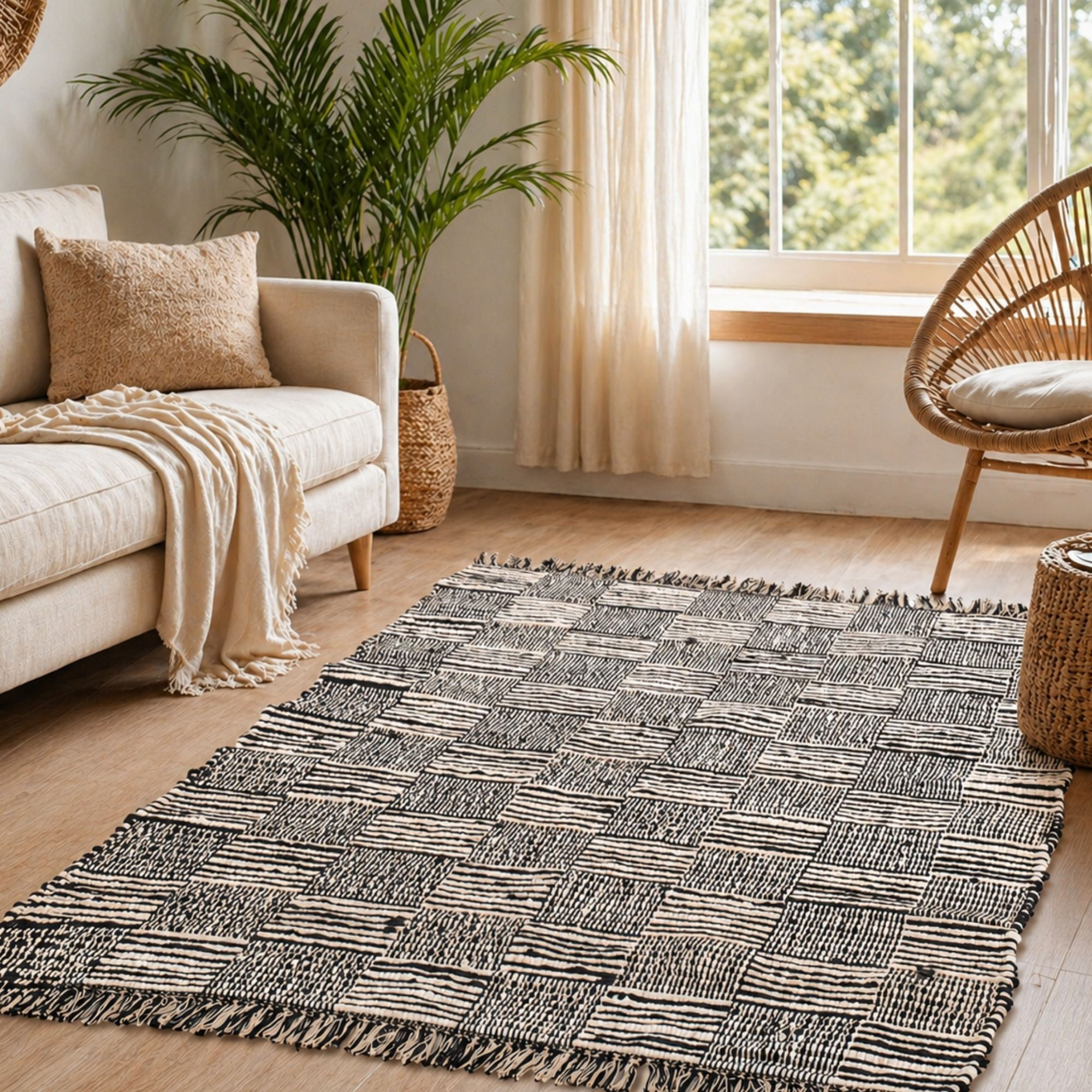 The Furnishers Handmade Black 4 x 6 Feet Cotton & Jute Fashion Floor Carpet