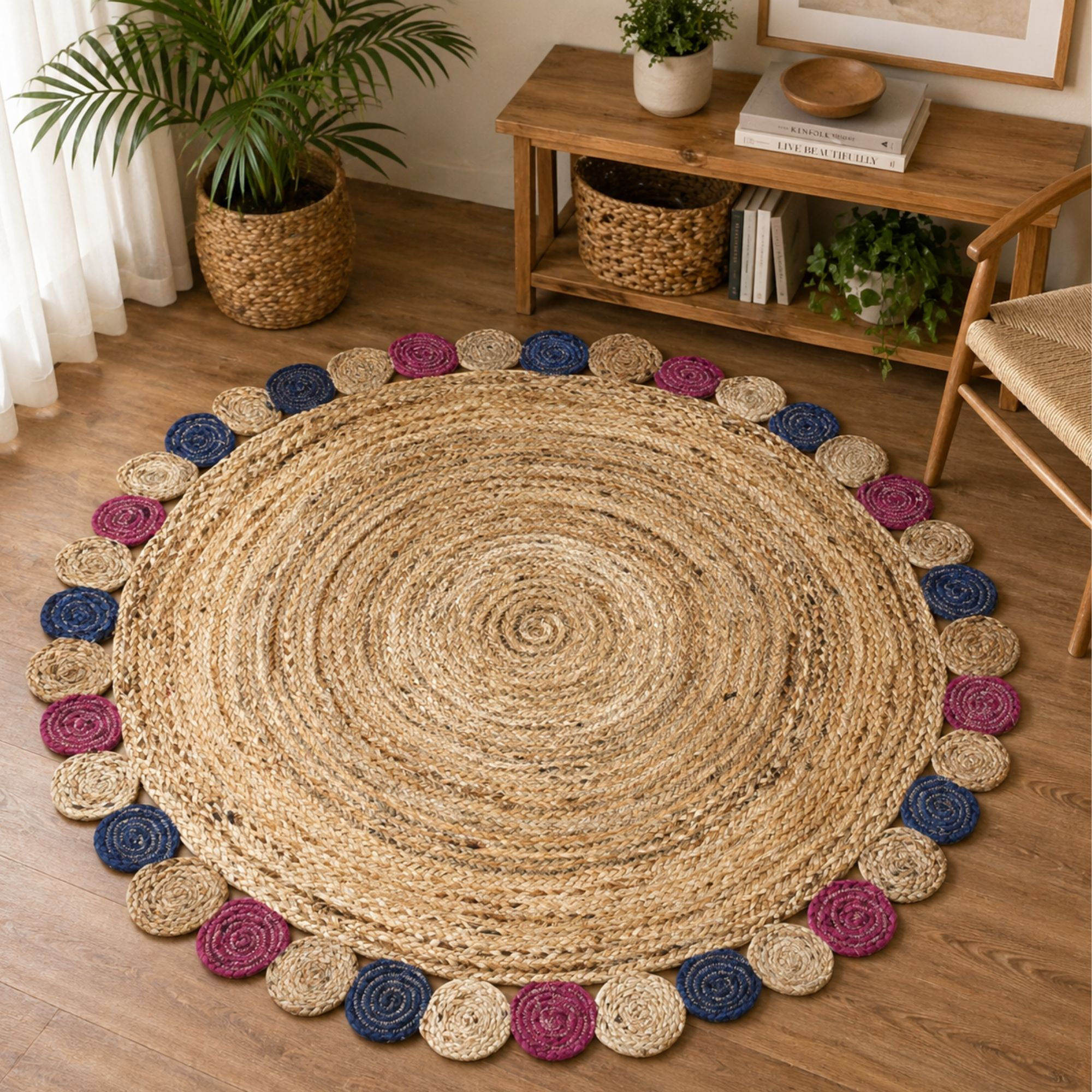 The Furnishers Handwoven Natural Jute Braided Fashion Floor Carpet Round