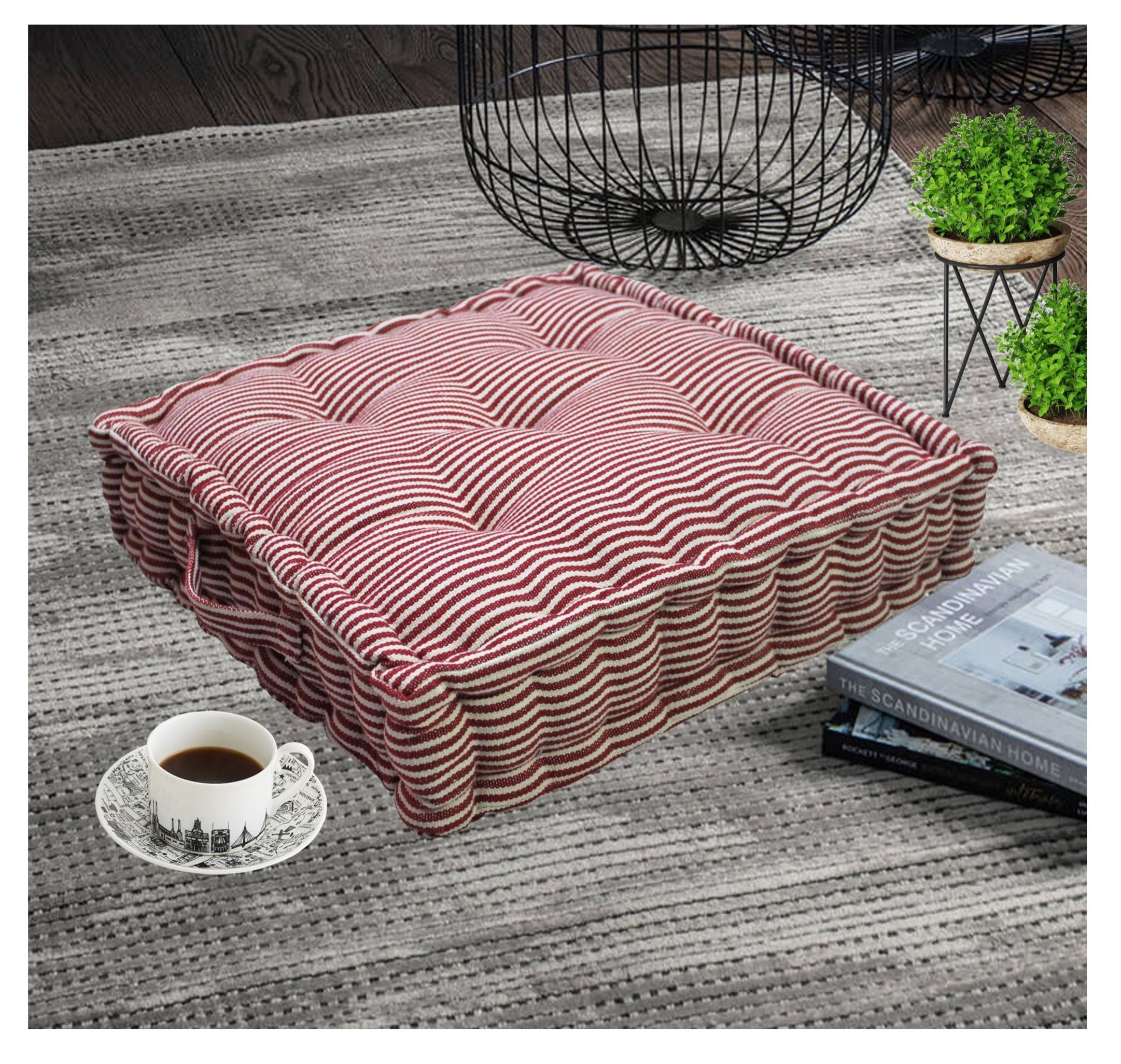 The Furnishers Weaved Square Floor/Multipurpose Cushion - Red Stripe