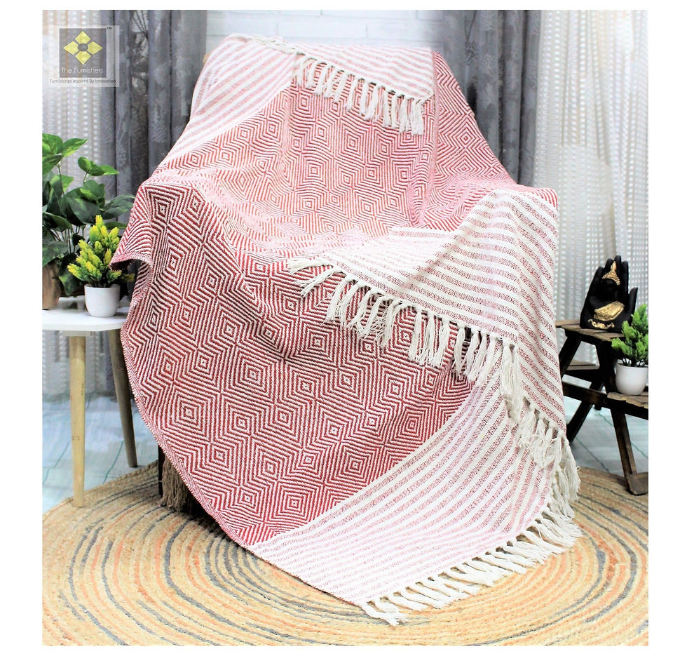 The Furnishers Red Argyle with Stripe Border Cotton Throw for Sofa, Bed